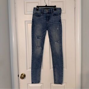 Express Jeans medium blue classic mid rise leggings distressed whiskered faded 2